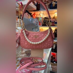 Coach TERI Signature Quilted Leather Embossed Shoulder Bag Light Blush